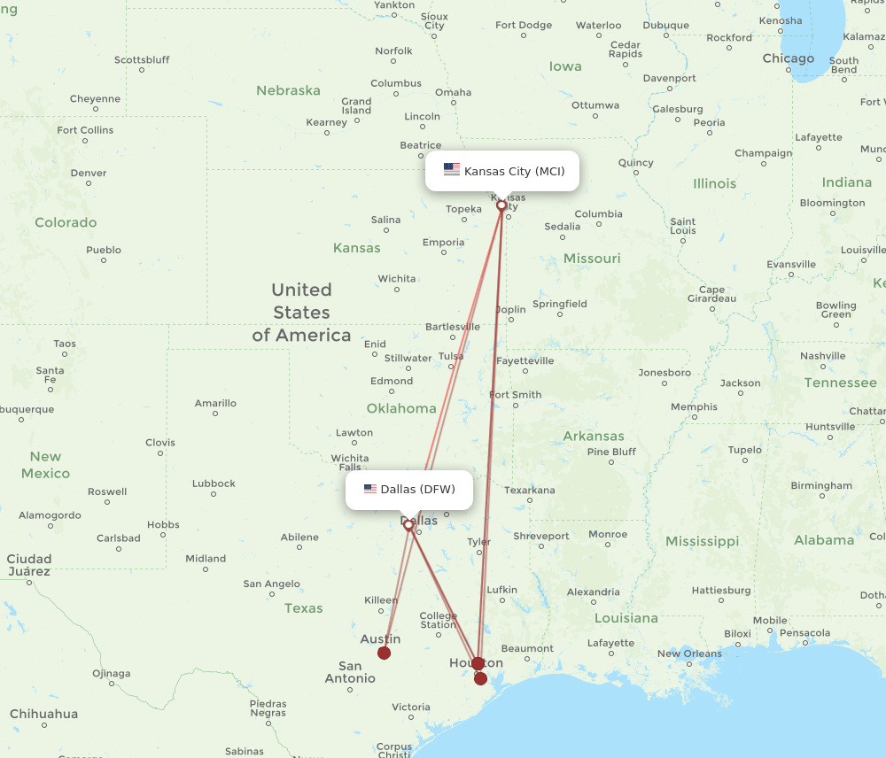 DFW-MCI flight routes