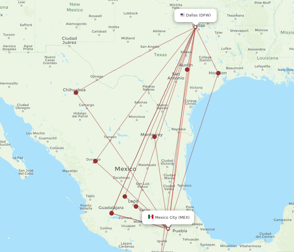 DFW to MEX flights and routes map