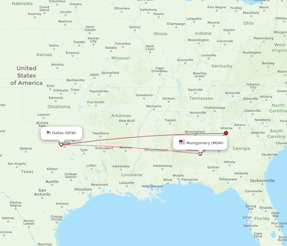DFW to MGM flights and routes map