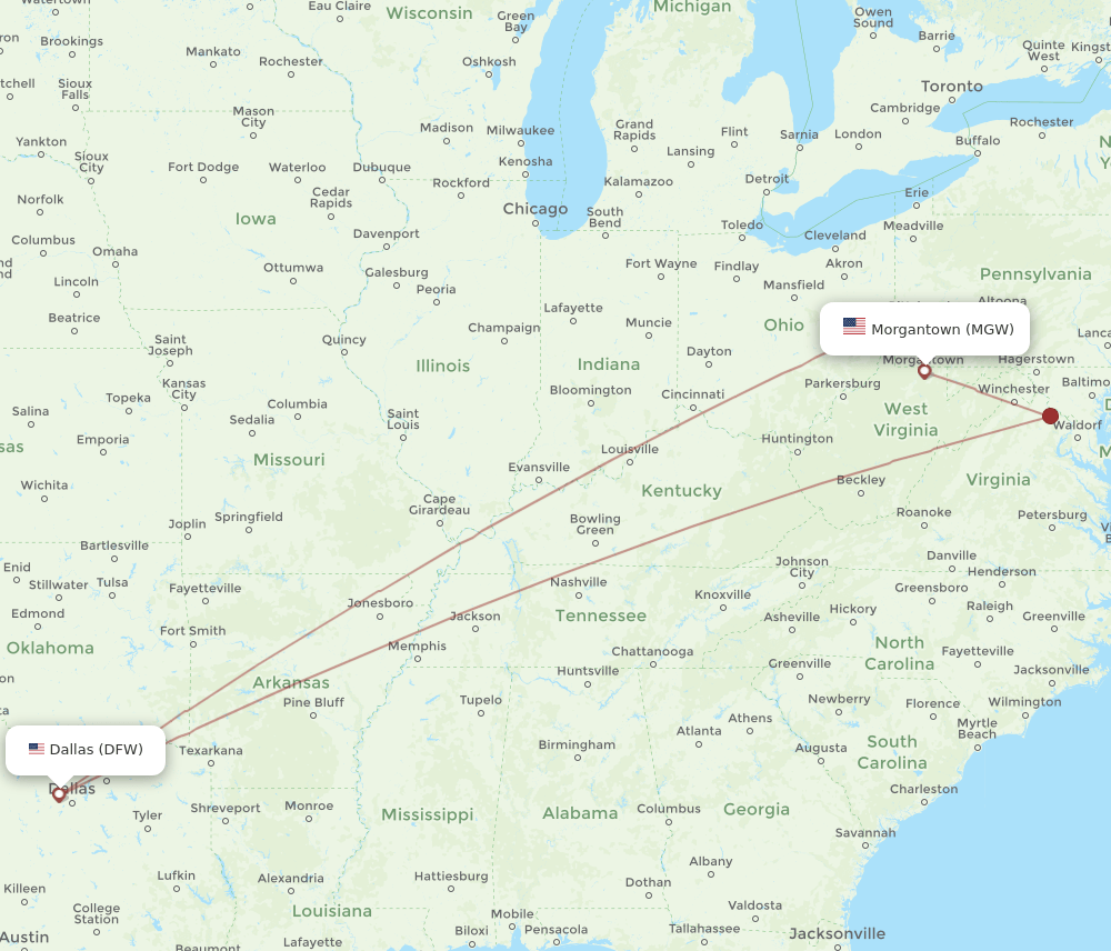 DFW-MGW flight routes