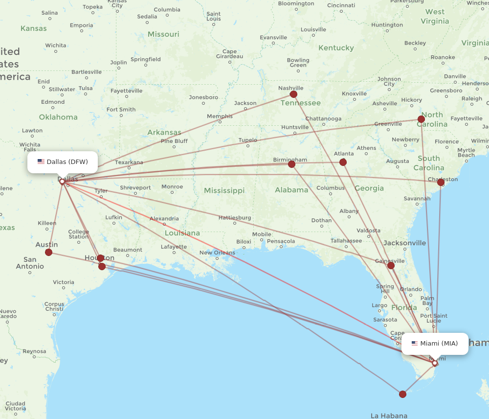 Dallas - Miami route map and flight paths