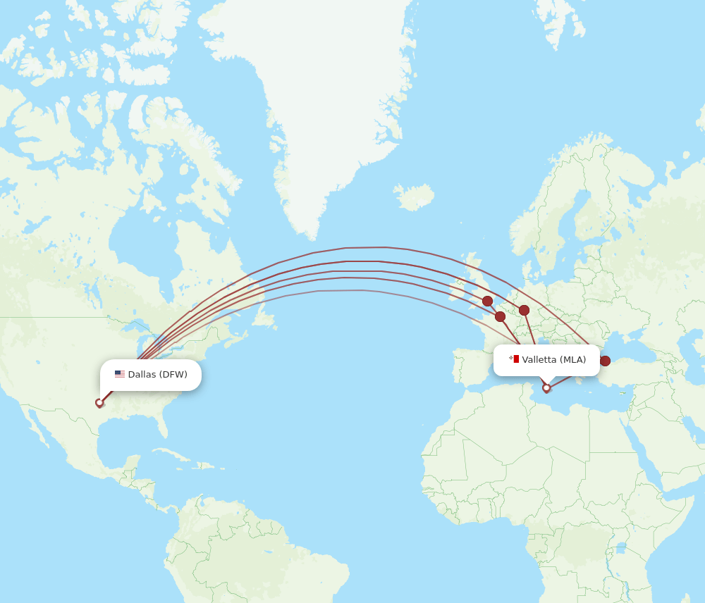 DFW to MLA flights and routes map