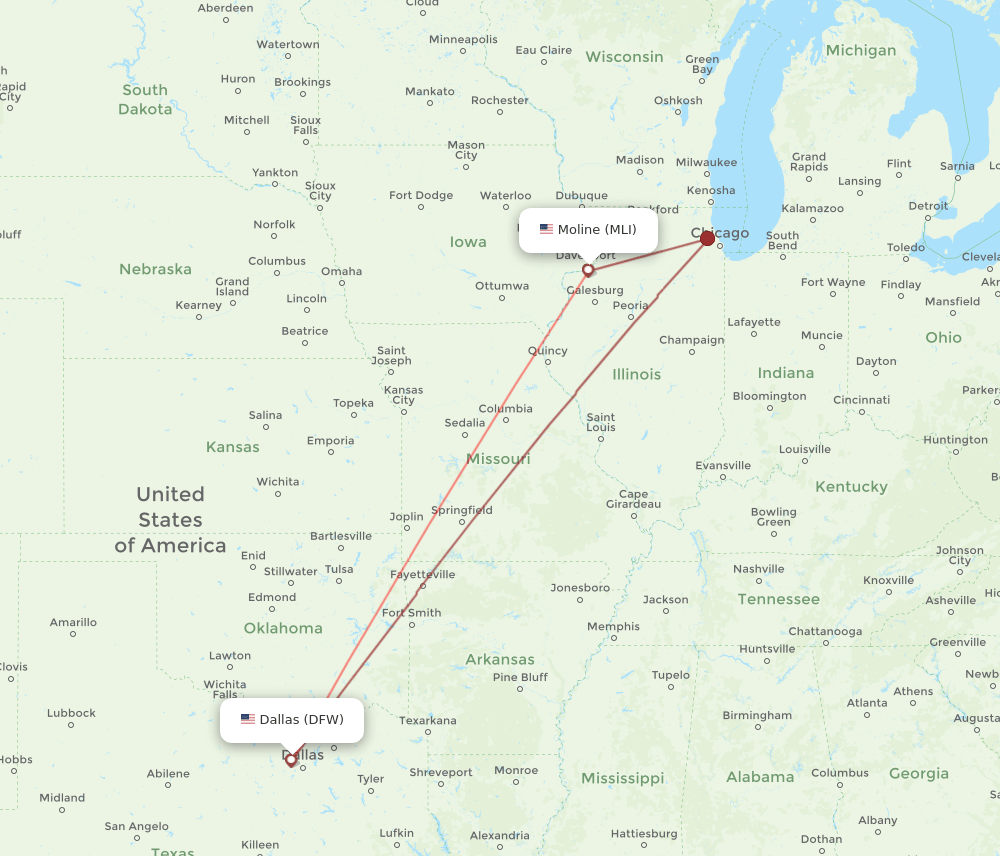 DFW-MLI flight routes
