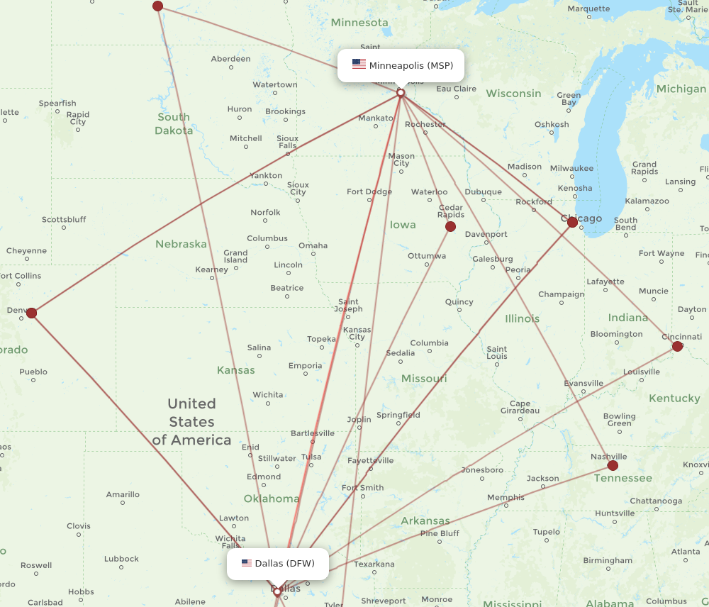 DFW to MSP flights and routes map