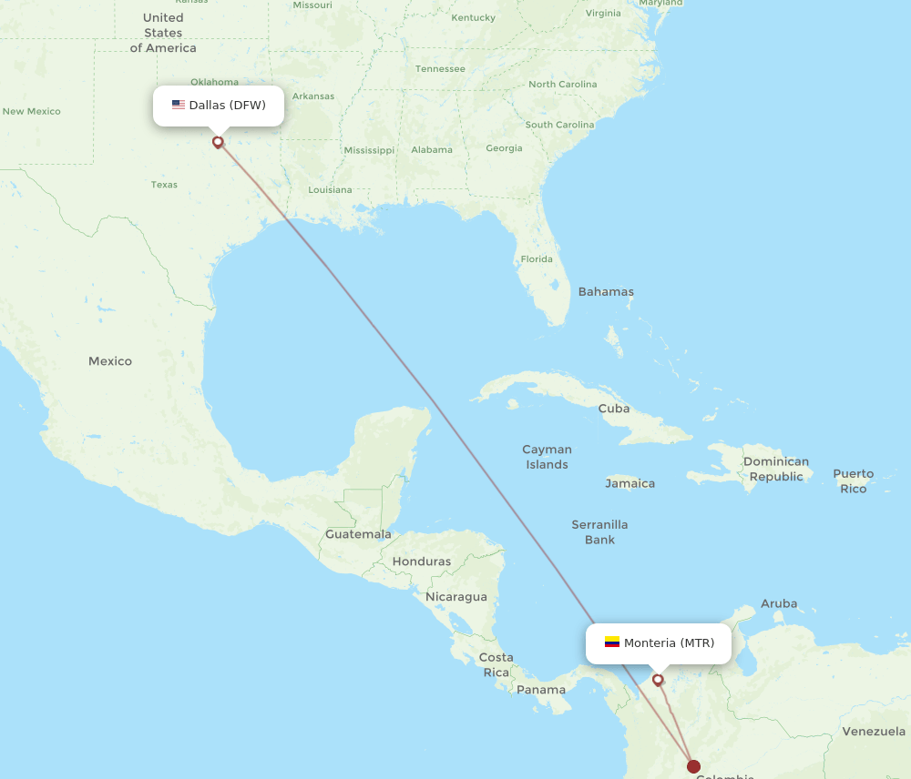 Dallas - Monteria route map and flight paths