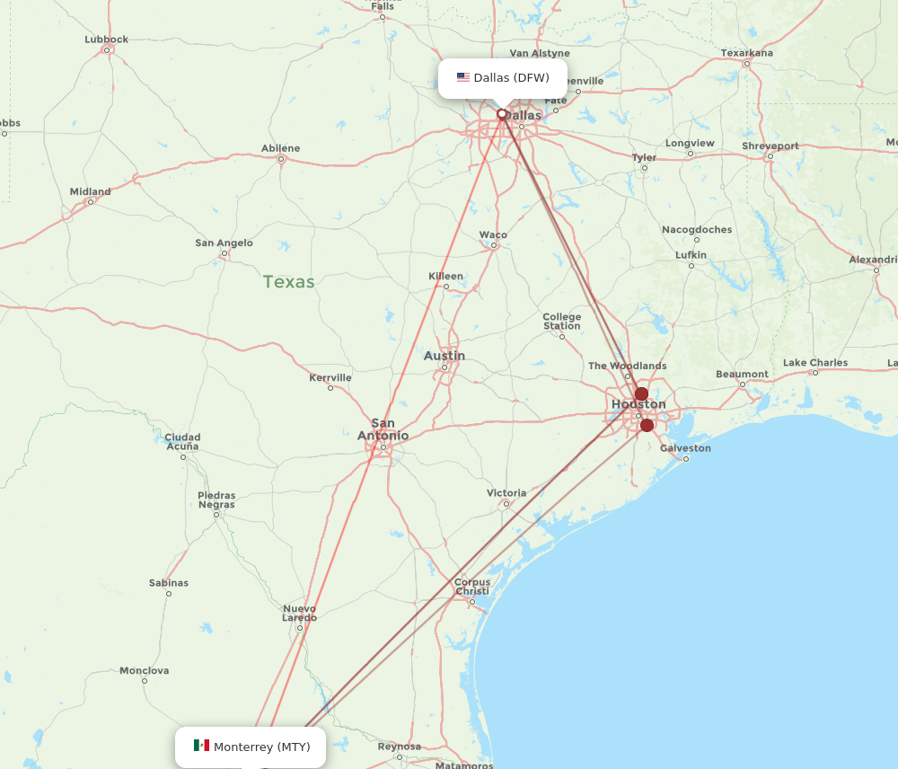 DFW to MTY flights and routes map
