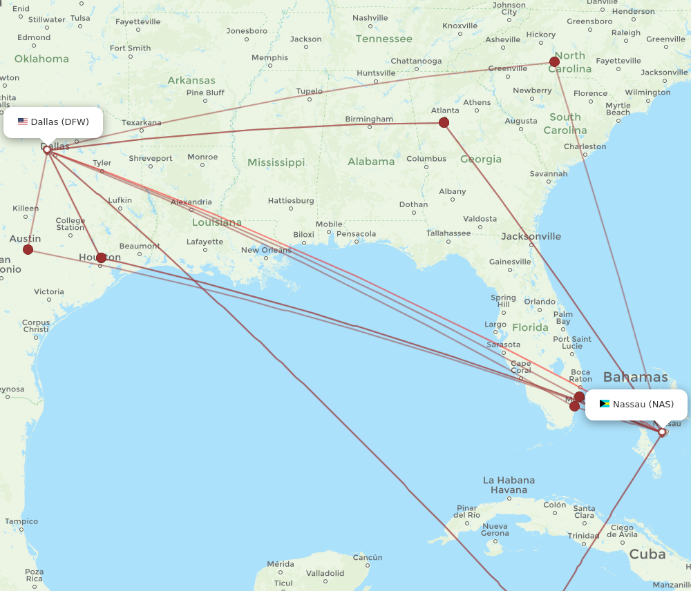 DFW to NAS flights and routes map
