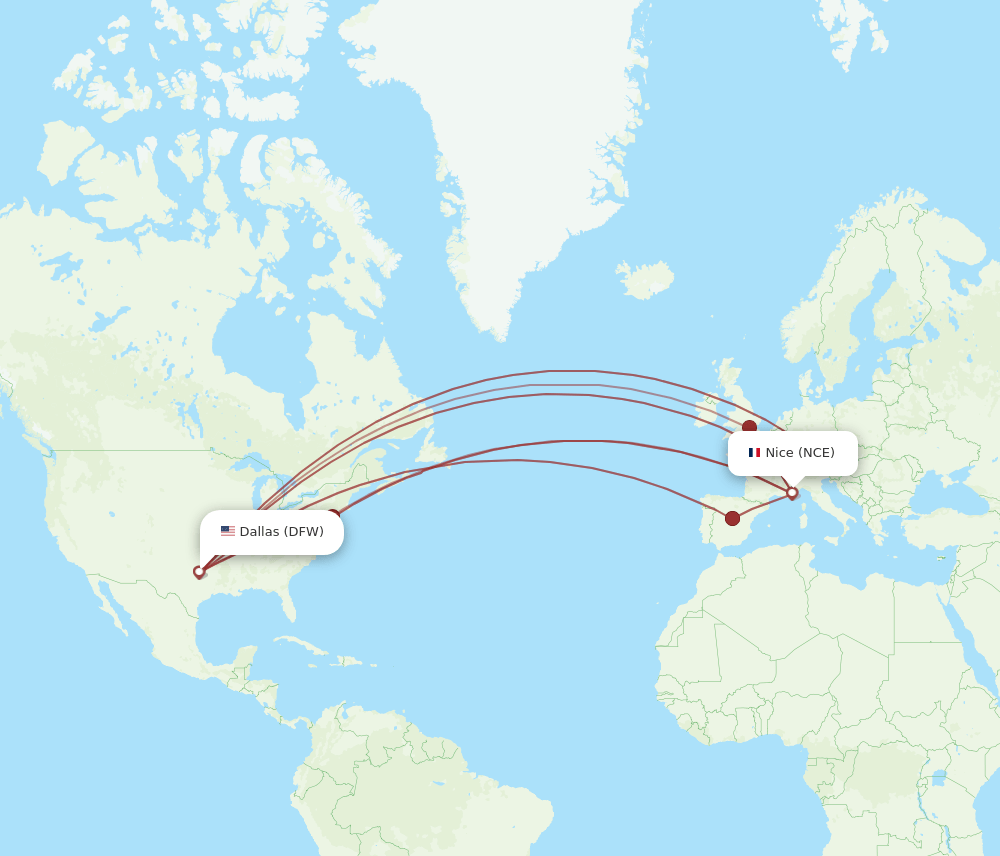 DFW to NCE flights and routes map