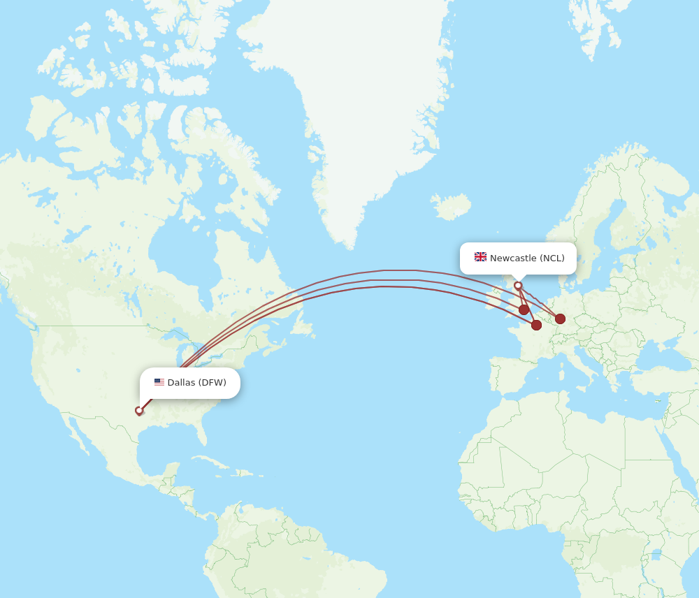 DFW to NCL flights and routes map