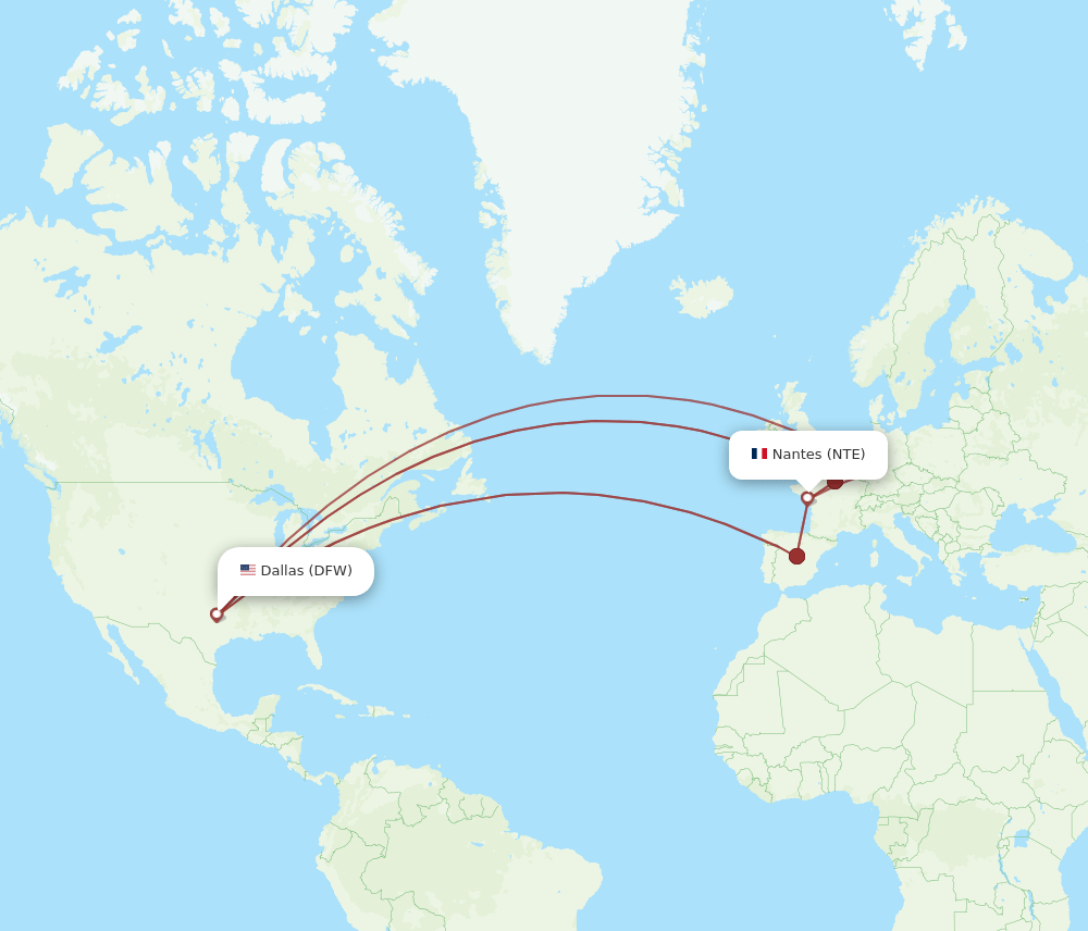 DFW to NTE flights and routes map