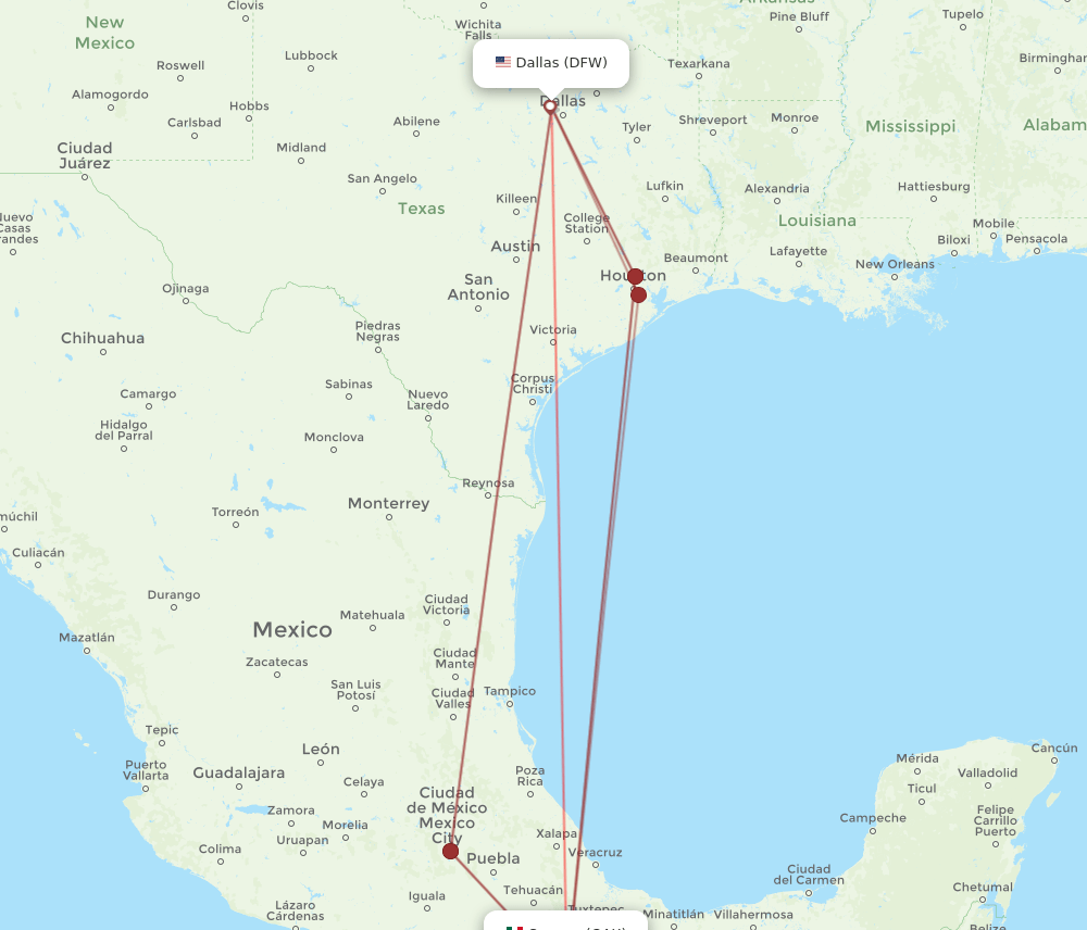 DFW-OAX flight routes