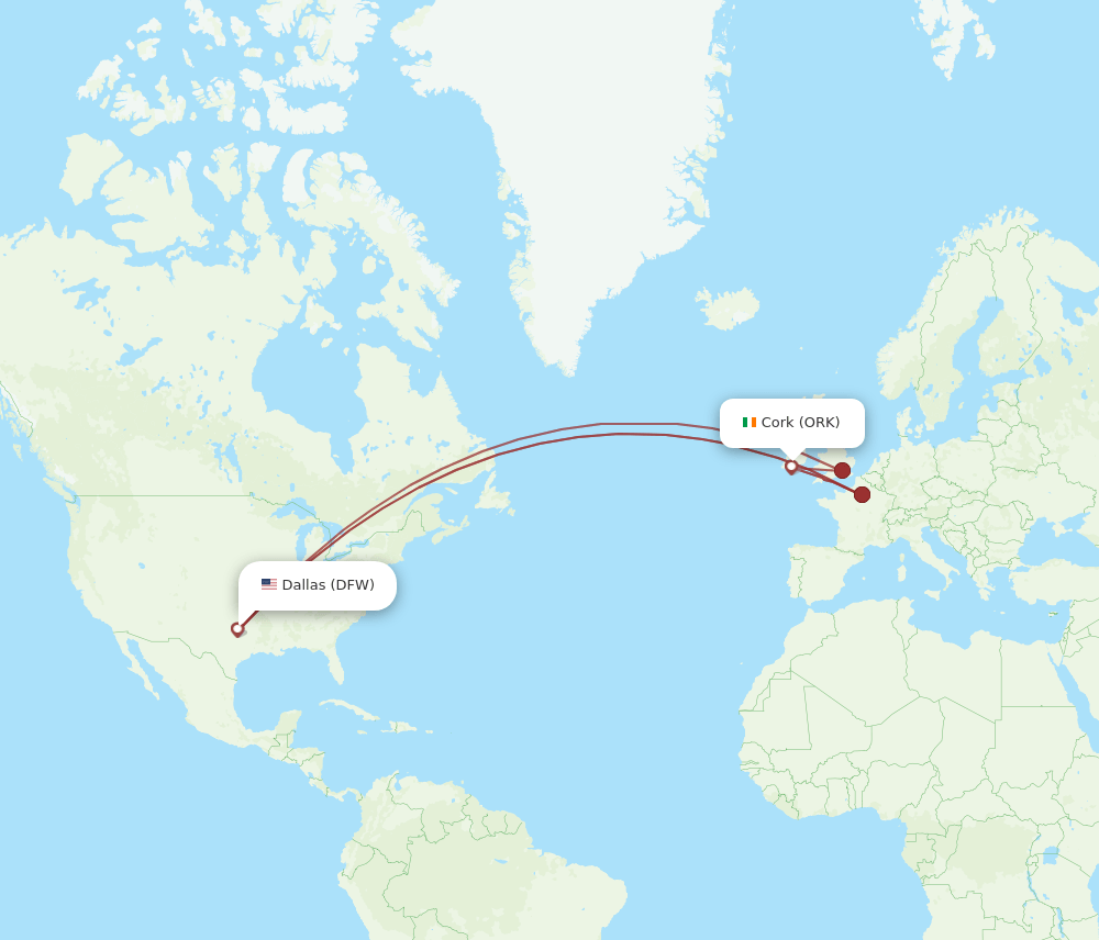 DFW to ORK flights and routes map