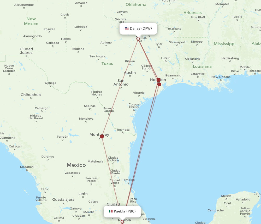 DFW-PBC flight routes