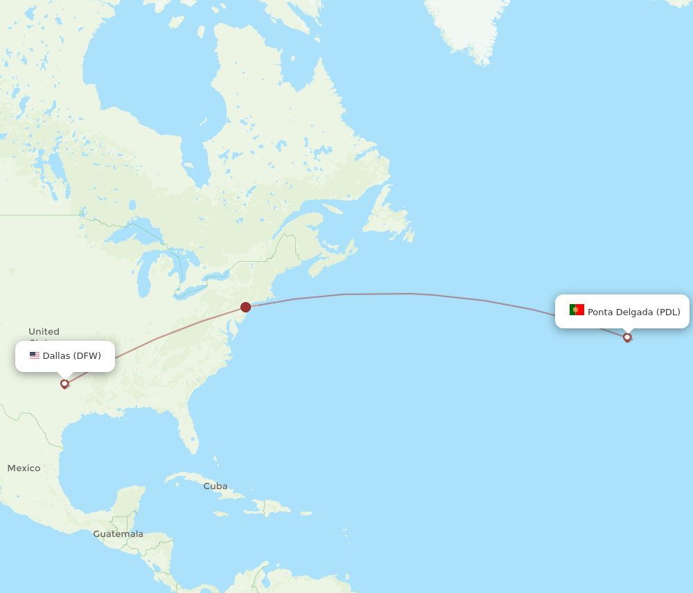Ponta Delgada (Azores) - Dallas route map and flight paths