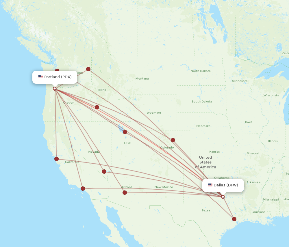 DFW to PDX flights and routes map