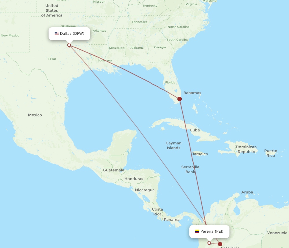 DFW to PEI flights and routes map