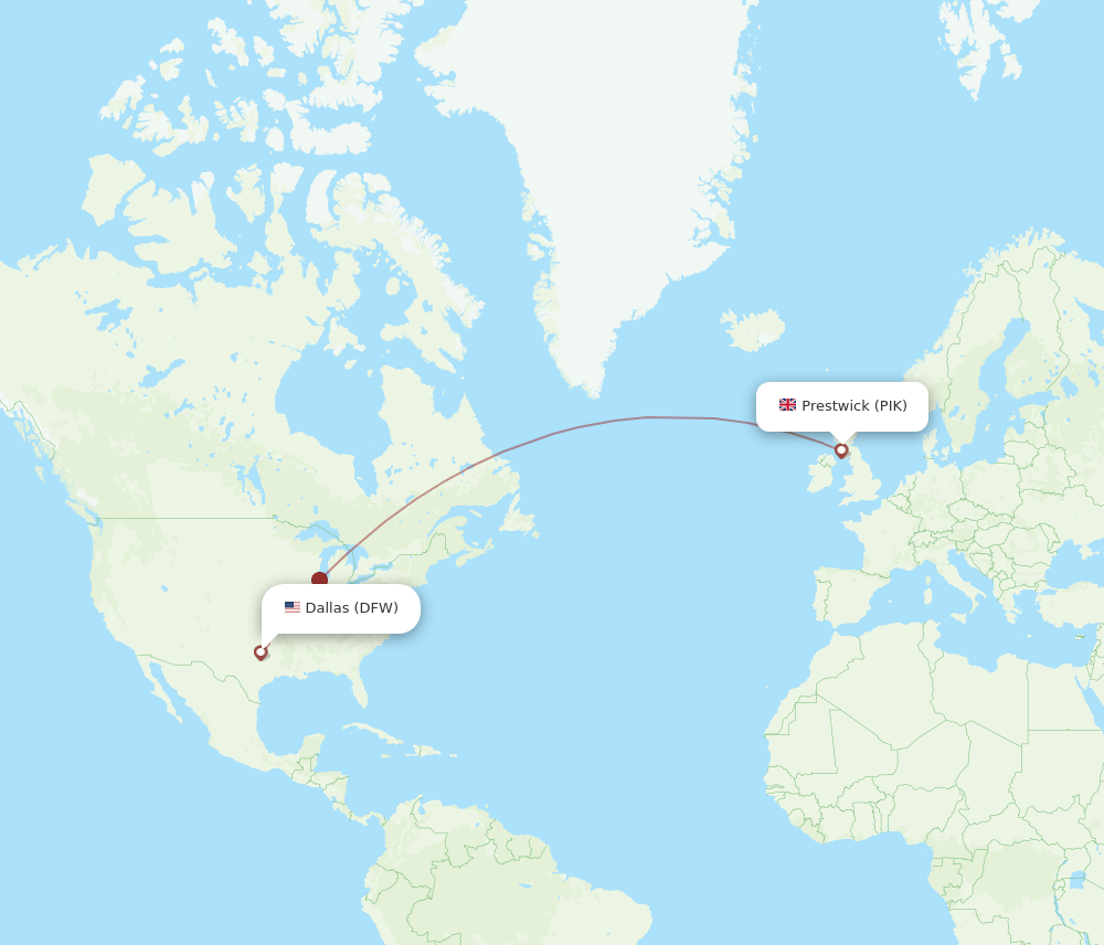 Dallas - Glasgow route map and flight paths