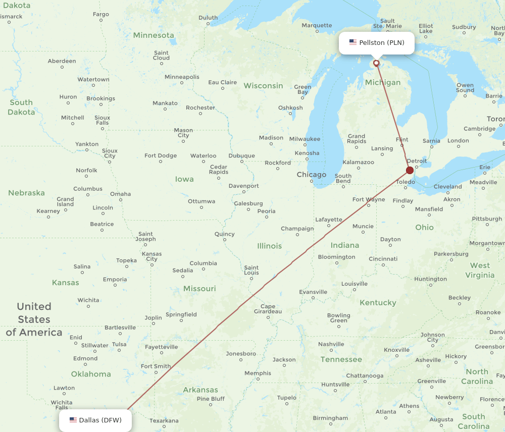 DFW to PLN flights and routes map