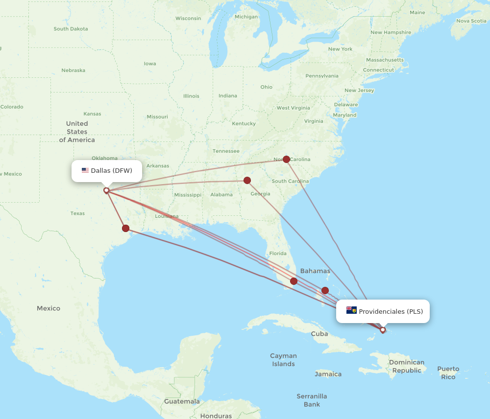 DFW to PLS flights and routes map