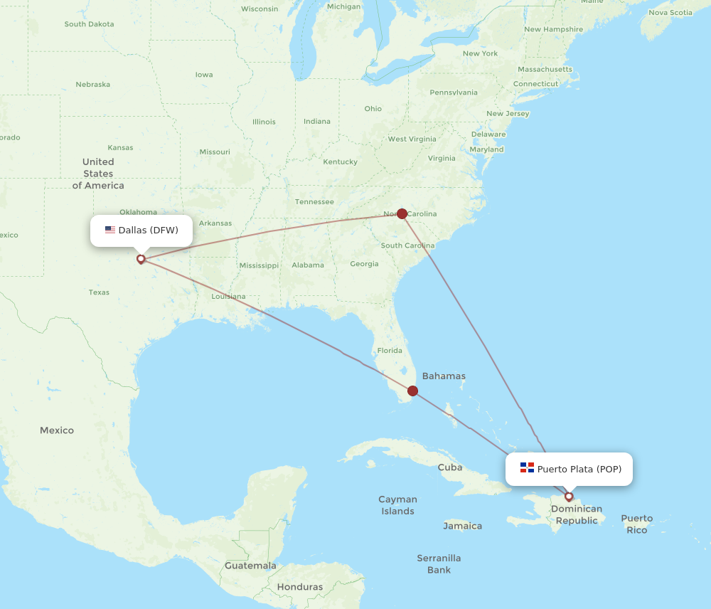 DFW to POP flights and routes map