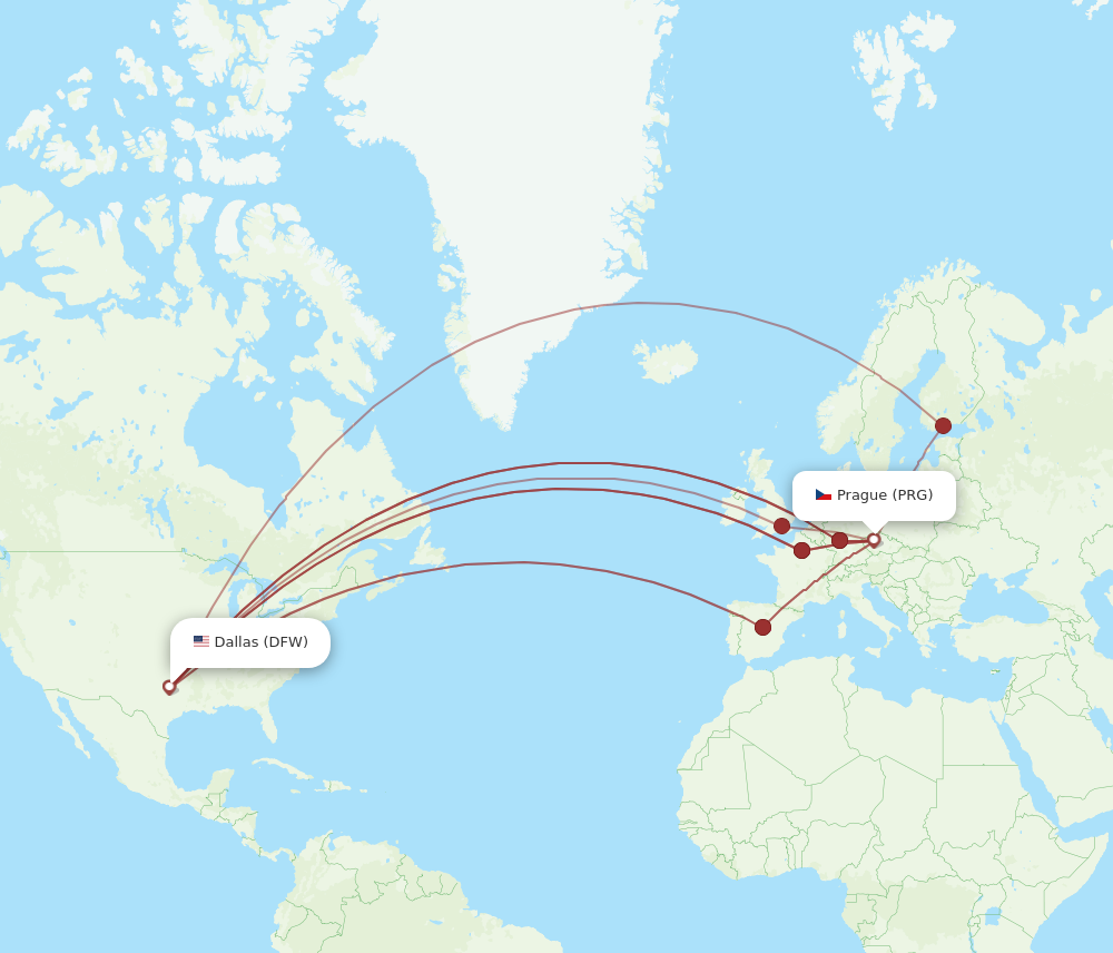 DFW to PRG flights and routes map