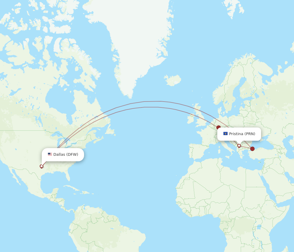 DFW-PRN flight routes