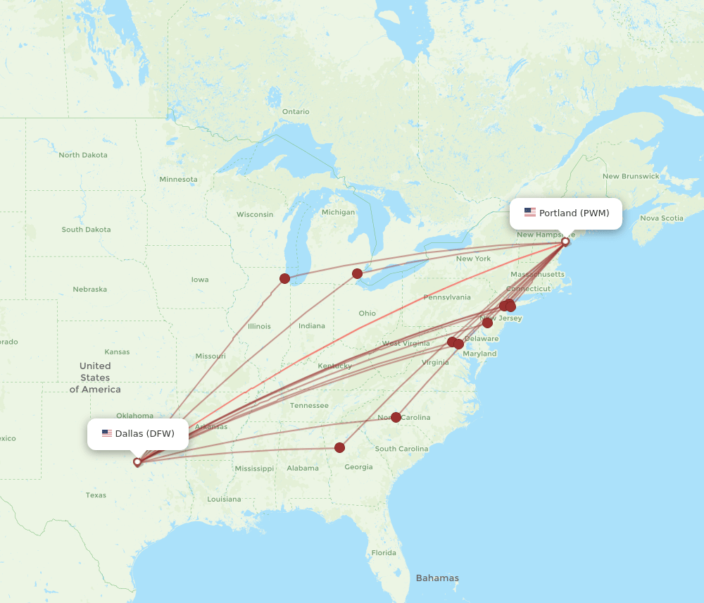 DFW to PWM flights and routes map