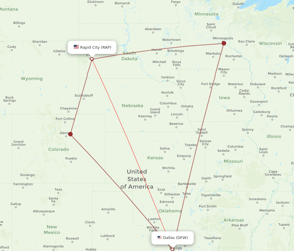 DFW to RAP flights and routes map