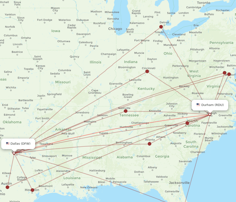 DFW to RDU flights and routes map