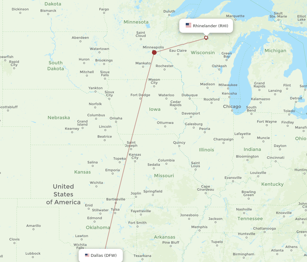 DFW to RHI flights and routes map