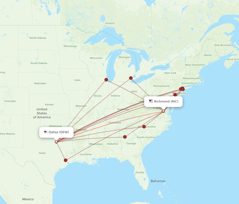 DFW to RIC flights and routes map