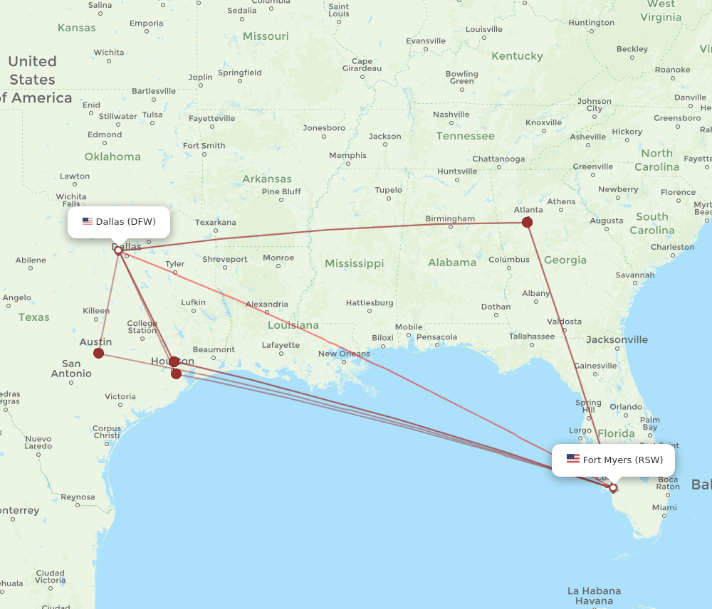 DFW to RSW flights and routes map