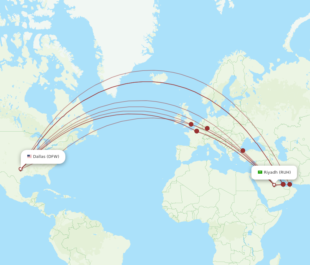 DFW to RUH flights and routes map