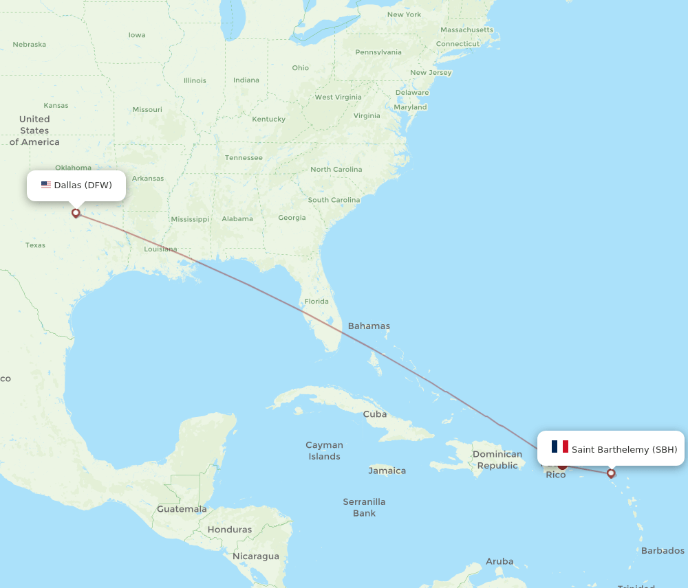 DFW to SBH flights and routes map