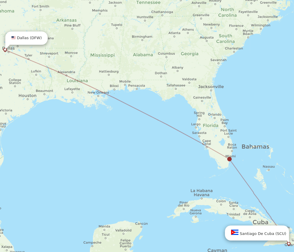SCU to DFW flights and routes map