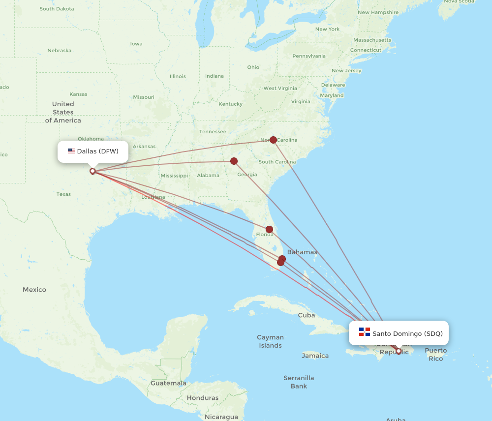 DFW to SDQ flights and routes map