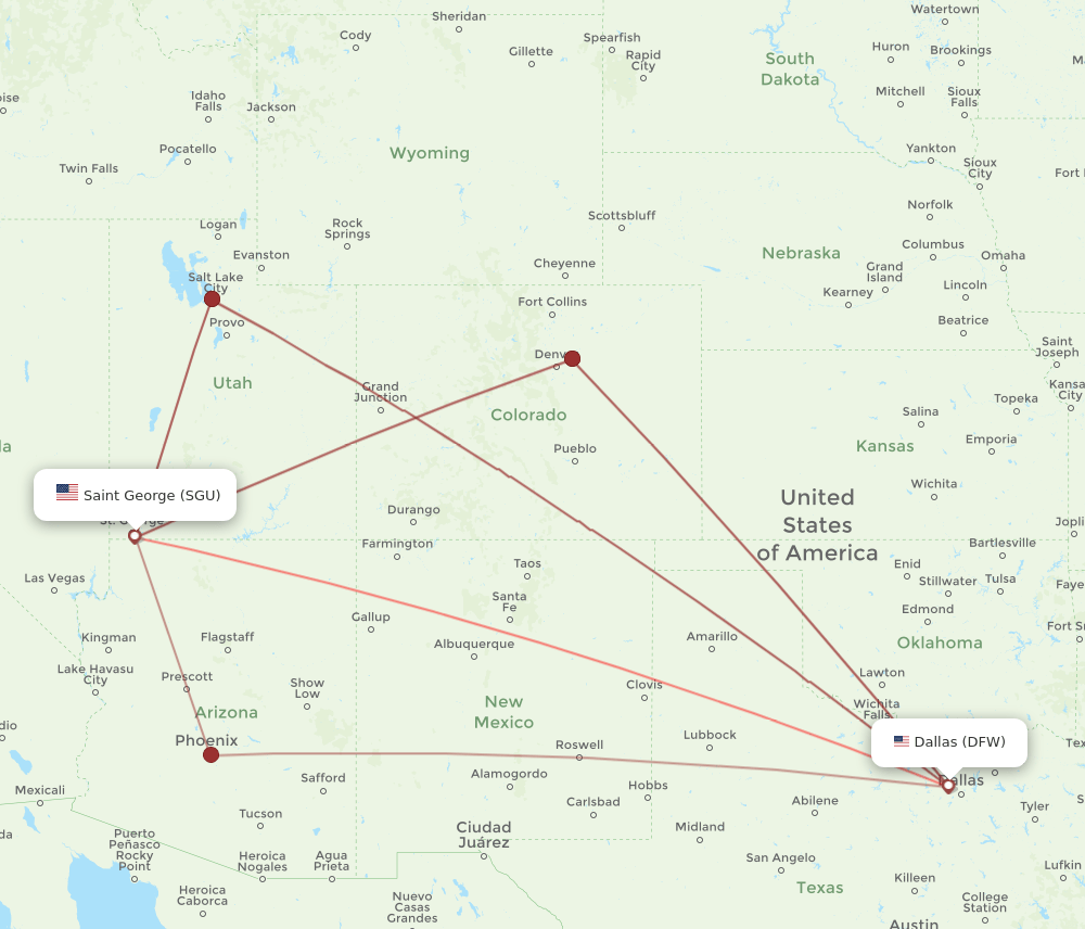 DFW to SGU flights and routes map