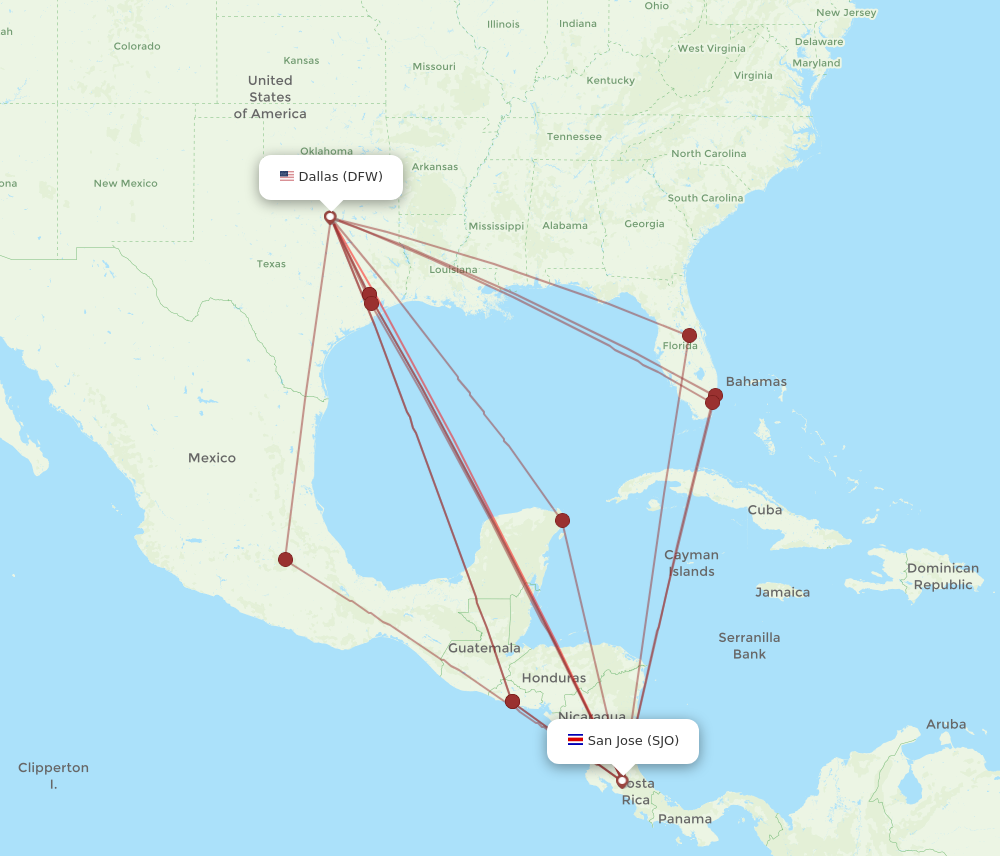DFW to SJO flights and routes map