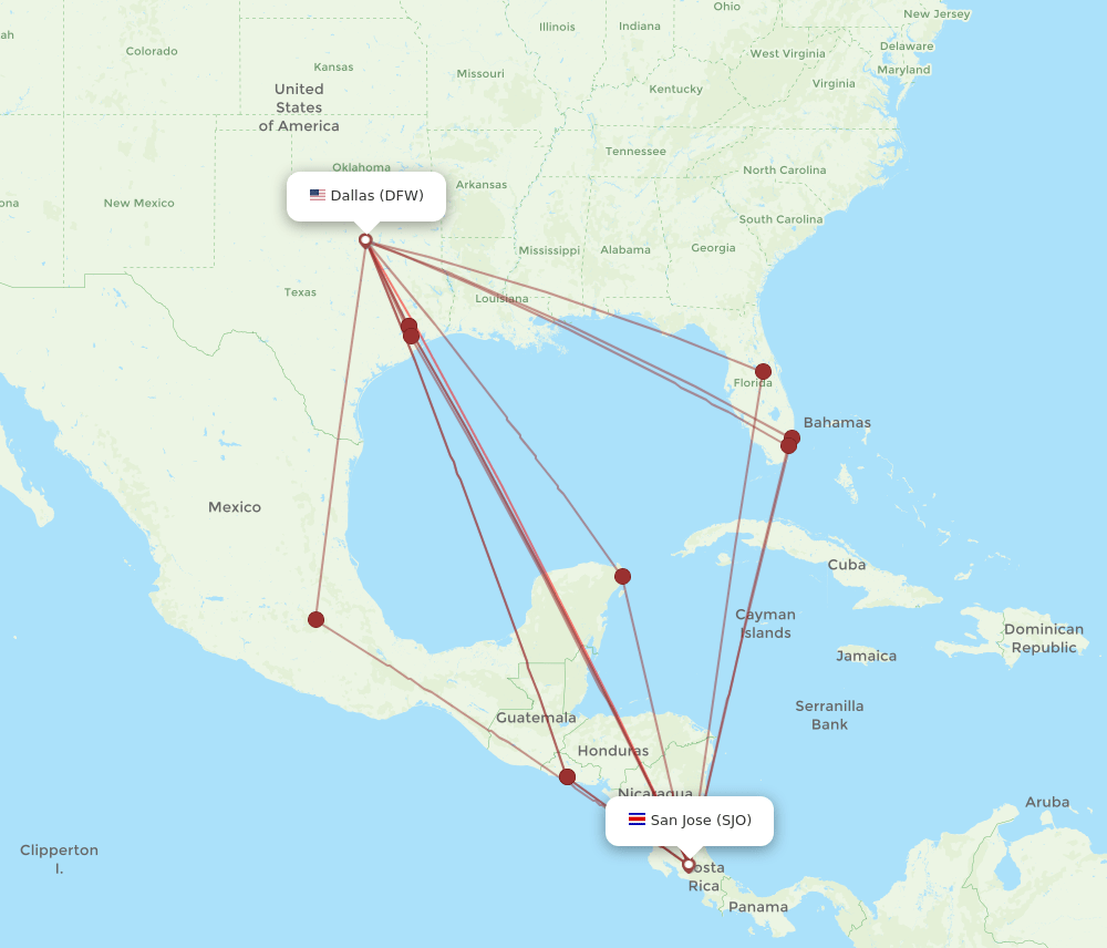 DFW-SJO flight routes