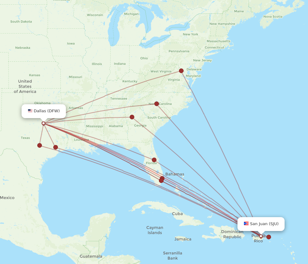 DFW to SJU flights and routes map