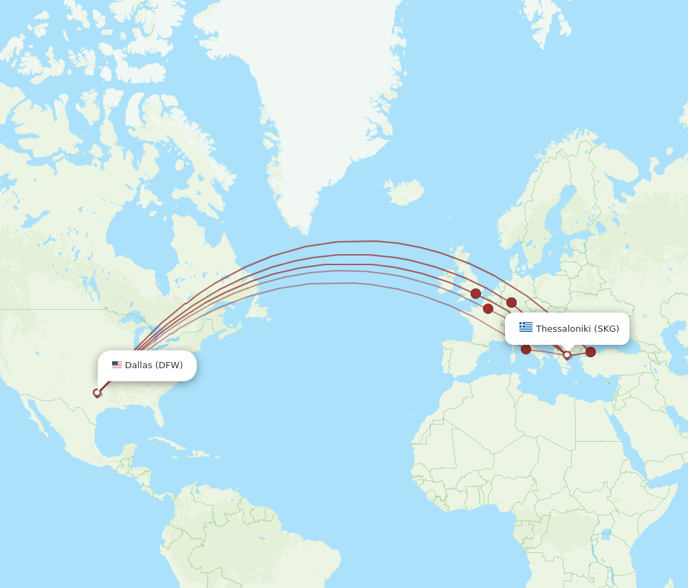 DFW to SKG flights and routes map