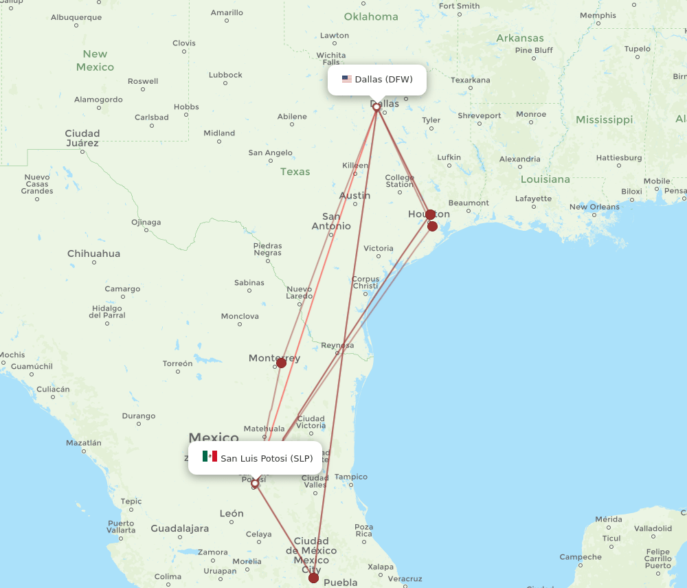 DFW to SLP flights and routes map