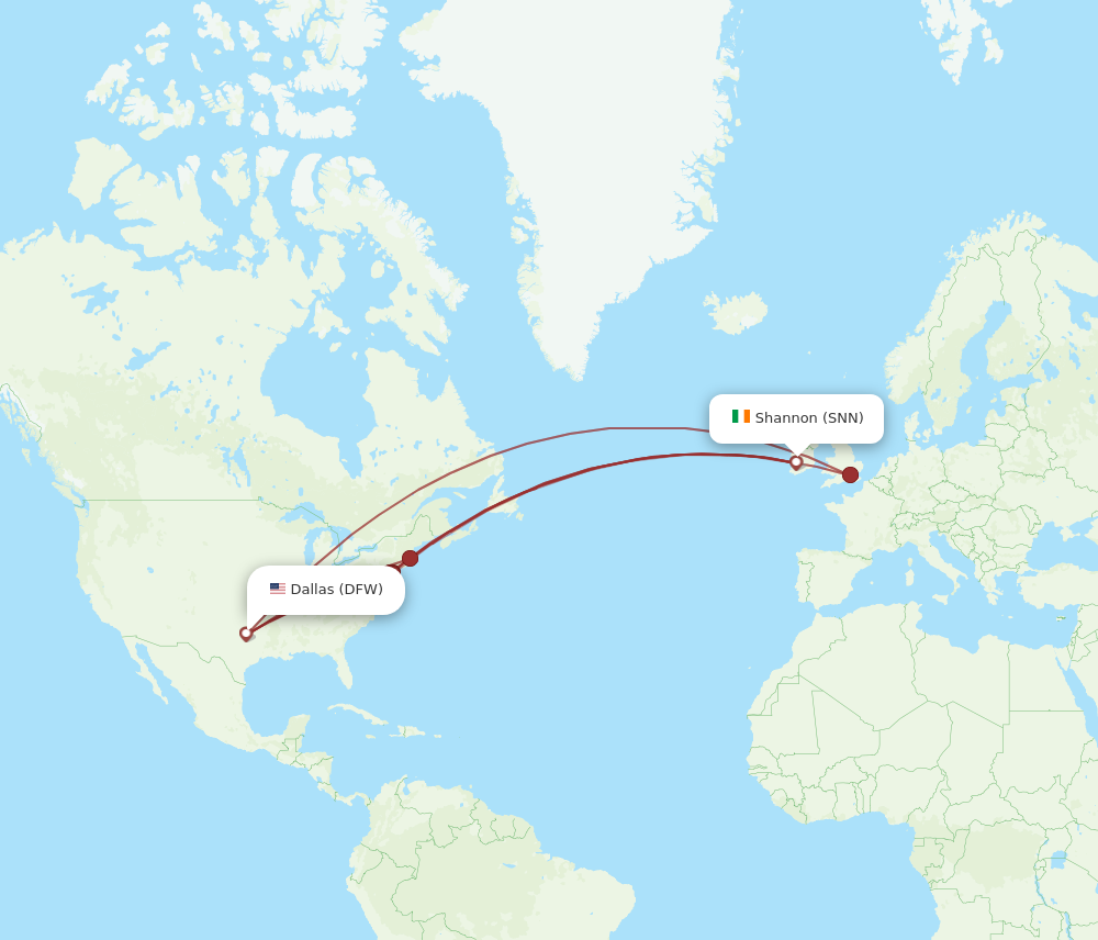 DFW to SNN flights and routes map