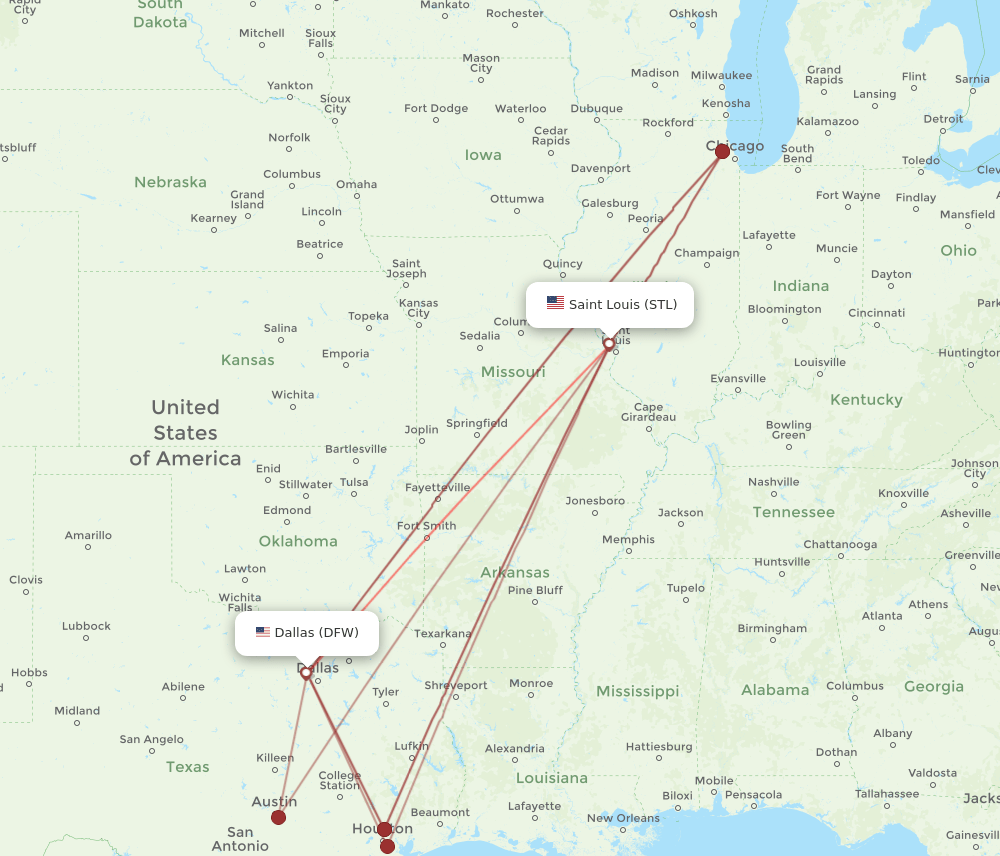 DFW to STL flights and routes map