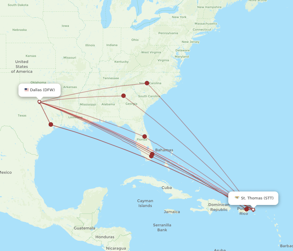 DFW to STT flights and routes map