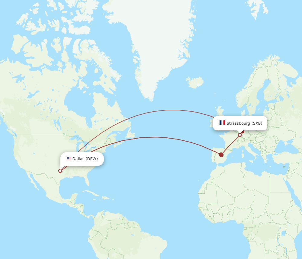 Strasbourg - Dallas route map and flight paths