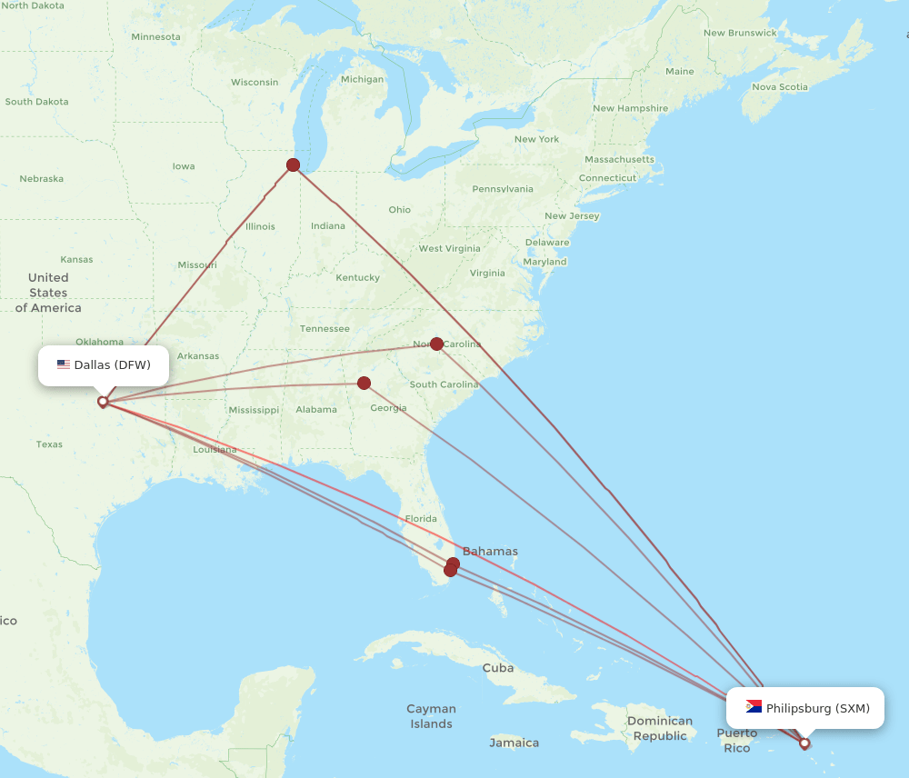 DFW to SXM flights and routes map