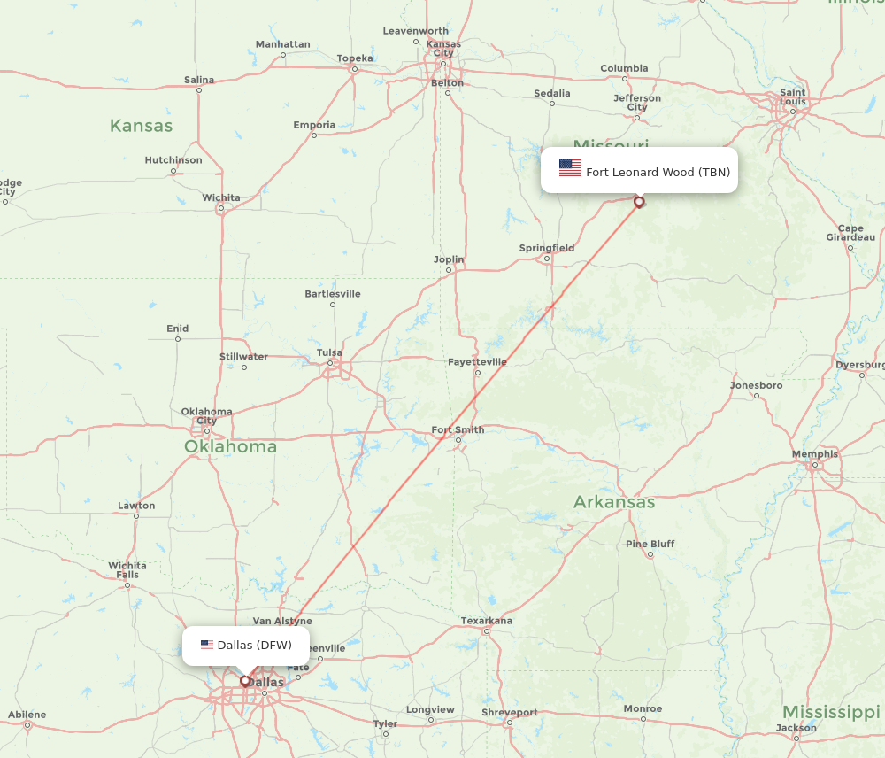 DFW to TBN flights and routes map