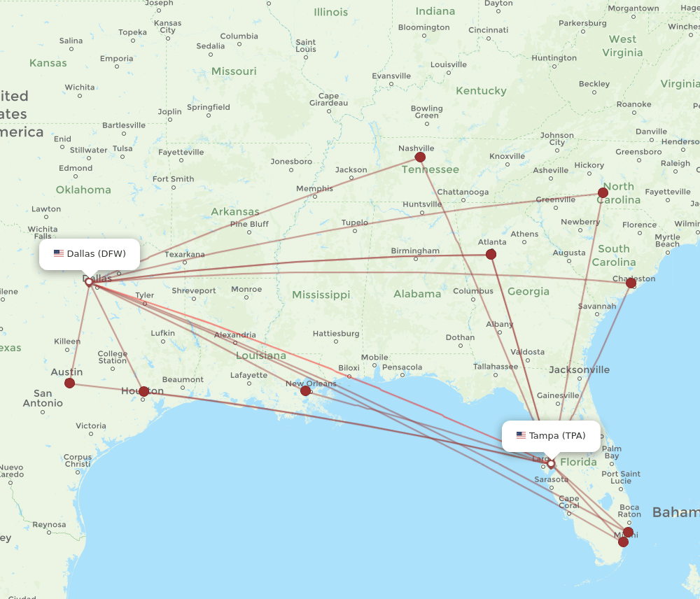 DFW to TPA flights and routes map