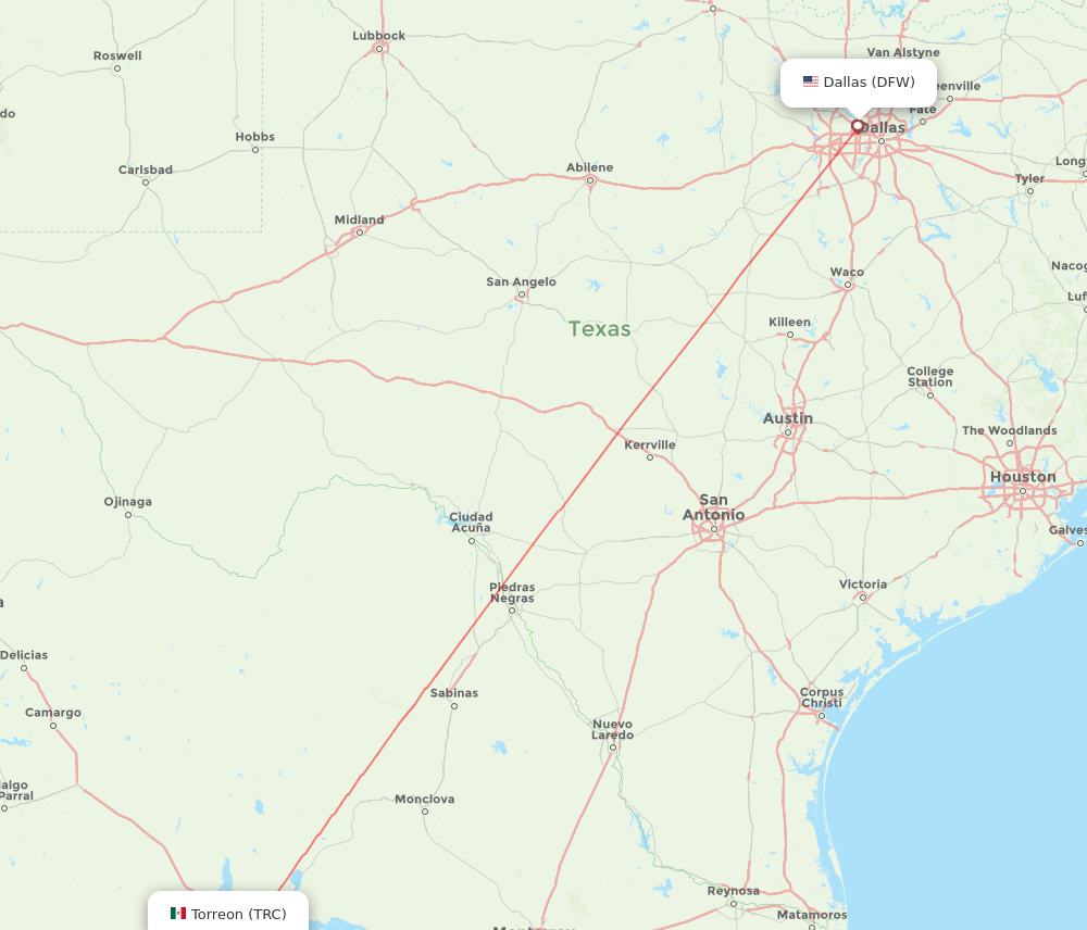 Dallas - Torreon route map and flight paths